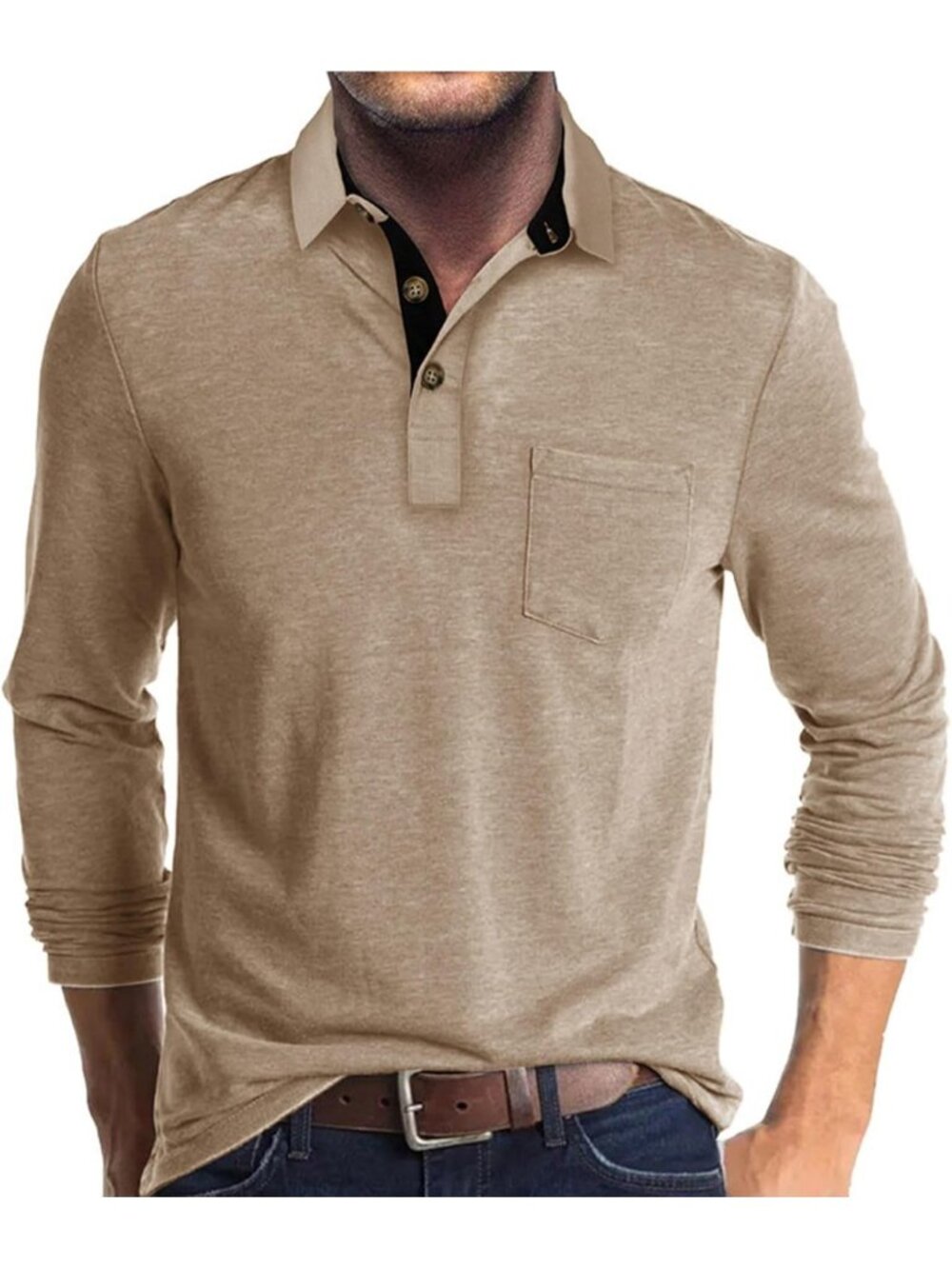 Men's Light Khaki Casual Long Sleeve Polo Shirts Classic Button Cotton Stylish
